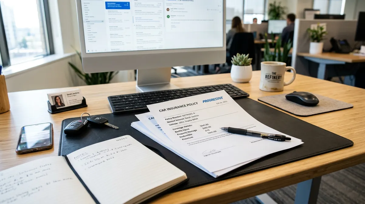 Osoba analizująca materiały o ubezpieczeniu samochodu przy biurku